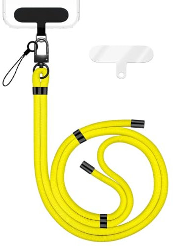 NALIA HoldMe Universal Handykette für Smartphone & Handyhüllen, Nylon-Seil Verstellbar & Abnehmbar, Umhänge-Band, Handyband, Lanyard mit Karabiner (schwarz) & 2 Patches, Farbe:Neon Gelb