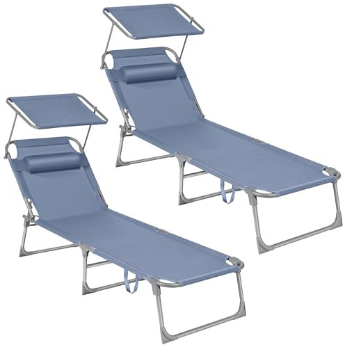 SONGMICS Sonnenliege, 2er Set, klappbarer Liegestuhl, 193 x 53 x 29 cm, bis 150 kg belastbar, Sonnenschutz, Kopfstütze, verstellbare Rückenlehne, für Garten, Pool, Terrasse, blau ZH2504065