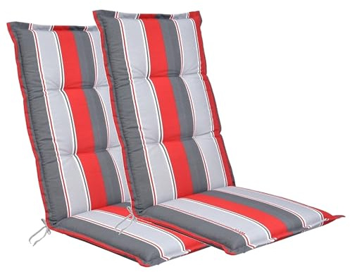LILENO HOME Gartenstuhl Auflagen als [2er Set - Hochlehner] in Streifen Rot | Grau Neu - bequeme Liegen als Sitzauflagen für Gartenmöbel - Stuhlkissen für Gartenstühle und Klappstühle