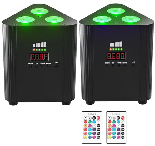 Erreyht RGBW Projecteur LED Par rechargeable batterie 4400 mAh, télécommande/contrôle DMX éclairage de scène sans fil avec indicateur de charge Lumière DJ pour fête Noël discothèque mariage (2 pièces)