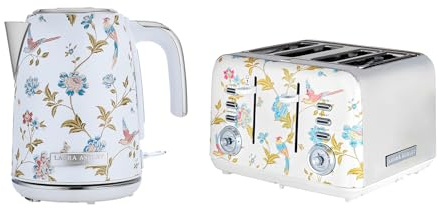 Laura Ashley Ensembles Bouilloire et Grille-Pain par VQ – Bouilloire Electrique 1,7 L à Ébullition Rapide et Grille-Pain 4 Tranches avec Fonctions Décongélation et Réchauffage – Elveden Blanche