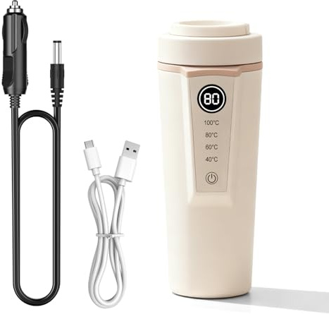 GOMETY Bouilloire Électrique Voiture 12V/24V 500ml Acier Inoxydable 316, Bouilloire de Voyage Portable avec Réglage de Température, pour Thé, Café, Lait Bébé, Voiture & Camion