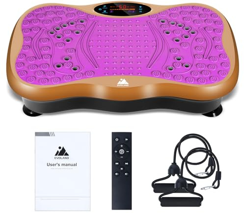 EVOLAND Pedana vibrante dimagrante con 2 bande di resistenza, 99 livelli di intensità, altoparlante Bluetooth, macchina per l'allenamento per la Costruzione e la Modellazione Muscolare (Oro Viola)