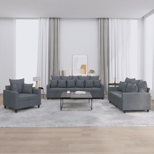 Yisssmeng 3-teilige Samt-Sofagarnitur Dunkelgrau mit 21 Kissen Sessel 2-Sitzer 3-Sitzer Couchgarnitur Modernes Design Robustes Metallgestell für Wohnzimmer Büro Lounge