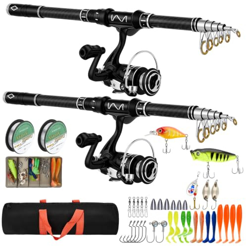 Angelset mit 2 Teleskop-Angelruten, 1,8m Carbon Angelrute Set Komplett 2 Spinnrolle, Angelwerkzeug-Set, Köderbox & Tragetasche, Leichte & robuste, für Salz-/Süßwasser, Reisen – Angelgeschenk