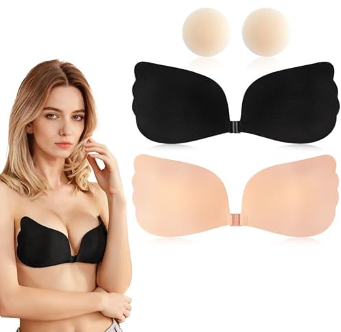 Sujetador Adhesivo Push Up, 2 Piezas Sujetador Invisible Reutilizables con Nipple Cover Sujetador Sin Tirantes Espalda para Mujer (FR/ES, Tamaño de Copa & Medida de Contorno, B, Negro+Beige)