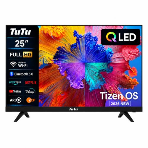 TuTu TU25Q1FQ-T8 Smart TV 25 Pollici (64 cm), QLED Full HD con Bluetooth | Collegato Televisione con Tizen OS, WiFi, App Store, AirPlay, Tripla sintonizzatore (DVB-T/T2, DVB-C, DVB-S/S2)
