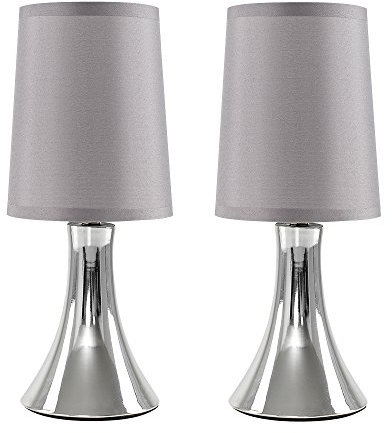 MiniSun | Small Modern Chrome Trumpet Touch Table Lamps with Grey Fabric Shades | Table Lamps, Home Décor & Improvement Essential | Set of 2
