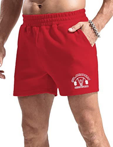 palglg Herren Bodybuilding Hosen Kurz mit Tasche Sporthose Baumwolle Laufshorts 5 Innennaht Rot XL