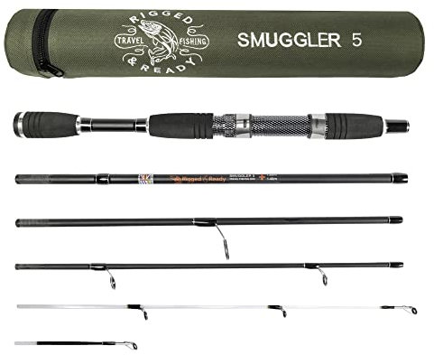 Rigged and Ready Smuggler 5 Reise-Angelrute und Koffer. Kompakte Rute mittlerer bis kurzer Länge von 5.25 Fuß (160 cm) mit 2 Spitzen zum Spinn- und allgemeinen Angeln. Für Fische bis 3 kg