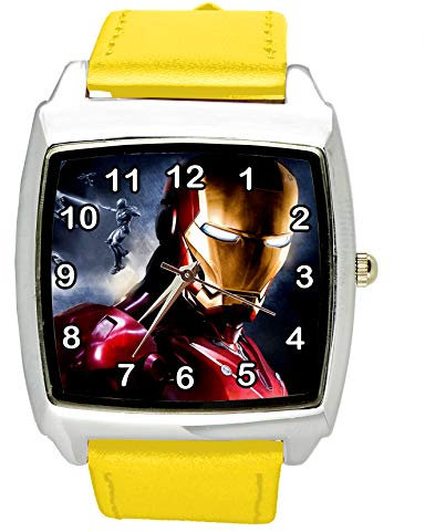 Taport® Iron Man Quarz-Armbanduhr, quadratisch, aus echtem Leder, Gelb, inklusive Ersatzakku und Geschenkbeutel