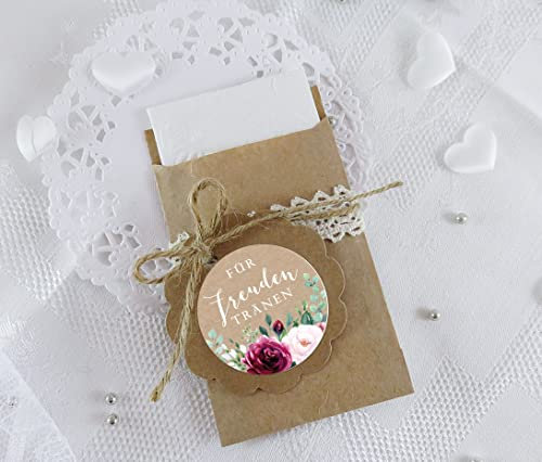 Freuden Tränen Taschentücher Set zur Hochzeit 48 Sticker + 48 braune Flachbeutel 63x93 mm Freudentränen Taschentuch Verpackung BOHO ROSEN EUKALYPTUS BLATT KRAFTPAPIER LOOK ROT ROSA