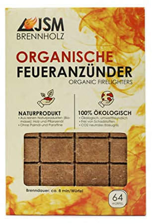 Grill-Anzünder von JSM® | Anzündwürfel aus Holz und Pflanzenöl | Kaminanzünder, Grillanzünder | 64 Würfel