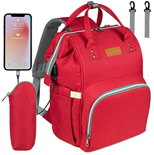 NEVEQ Baby Wickelrucksack, Babytasche für Reise, Wickeltasche Große Kapazität, Multifach Reise Rucksack Wasserdicht Fächer Babyflaschehälter (Rot)