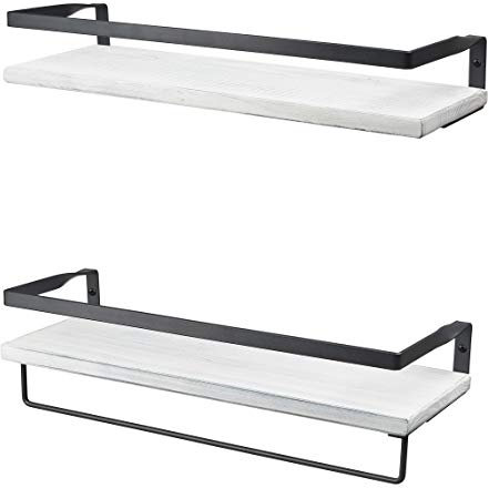 Peter's Goods Rustic Floating Shelves with Rail - Rustic White Wood Bathroom Floating Shelves & Kitchen Shelves - Decorative Shelf for Office, Bedroom, Living Room, Set of 2 Wooden Shelves