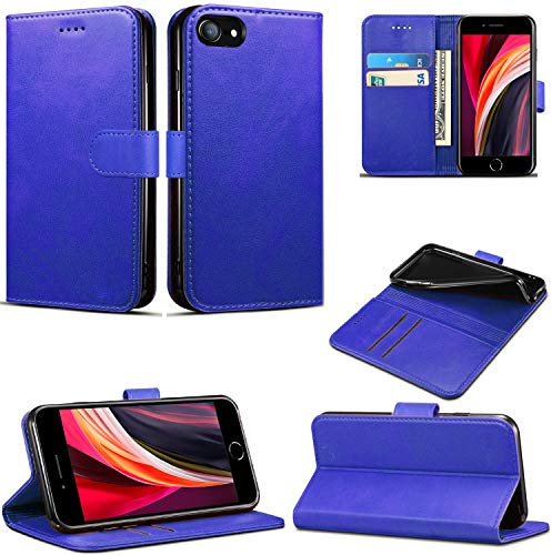 Coque pour iPhone SE 2020, Slim PU Cuir Flip Housse de Protection Magnétique Portefeuille Etui avec Porte-Carte et Fonction Support Compatible avec Apple iPhone SE 2020 (4.7) (Bleu)