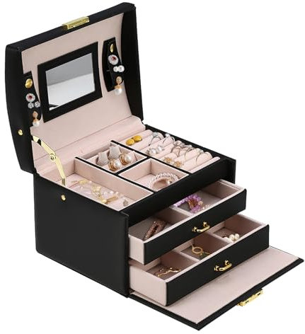 Schmuckkästchen, PU Leder Schmuckkasten mit 2 Schubladen Schmuckkoffer Schmuckaufbewahrung für Ringe Armbänder Ohrringe Halsketten Samtfutter als schwarz
