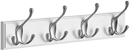 SONGMICS Coat Rack, Wall-Mounted Coat Rack, Coat Hook with 4 Tri-Hooks, Hook Rack for Bags, Coats, for Hallway, Living Room, Bedroom, White and Silver LHR030E01