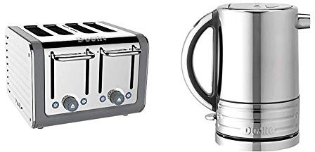Dualit Architect 4 Slice Toaster | Stainless Steel with Grey Trim|Extra-Wide Slots–Peek and Pop Function 46526 & 72926 Architect Kettle | 1.5 Litre 2.3 KW Stainless Steel Kettle with Grey Trim