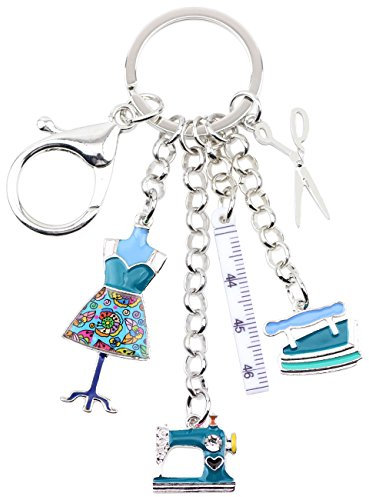 WEVENI Legierung Nähmaschine Schlüsselanhänger Schere Lineal Eisen Schmuck Emaille Charms Für Frauen Mädchen Geschenk (Blau)