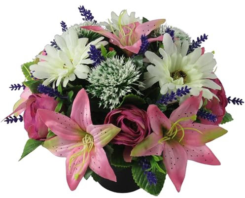 Cerise/Mauve Ranunculus with Pink Lily, Large Gerbera, and Lavender Artificial/Silk FlowerArrangement in Grave pot, 25cm - FREE SAME DAY DESPATCH