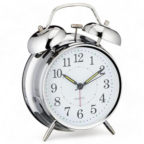 MIJOMA – Eleganter Retro Glockenwecker, Analog Quarz Wecker aus Metall/Kunststoff, mit LED-Nachtlicht und Doppelgong-Funktion, ideal als Tischuhr, Batteriebetrieben (Chromfarben - Zifferblatt 1)