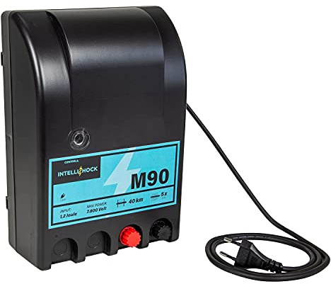 Intellishock M90 Électrificateur de clôture électrique 230 V, puissance 1,2 J, pour une longueur de clôture de 8 km, pour des filets de 5 x 50m, parfait pour les chevaux, le bétail, tension 7.000 V