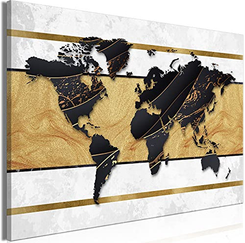 B&D XXL - Wandbilder XXL Weltkarte 120x80 cm 1 tlg - Wand Deko Vlies Leinwand Bilder Groß Wanddeko Wohnzimmer Schlafzimmer Kunstdrucke - Landkarte Kontinente schwarz weiß k-A-0515-b-a