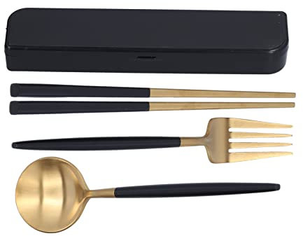 Cyrank Stainless Steel Utensils, Chopstick Fork and Spoon Combo Portable Utensil Set with Case Reusable Flatware for Lunch Box(black)