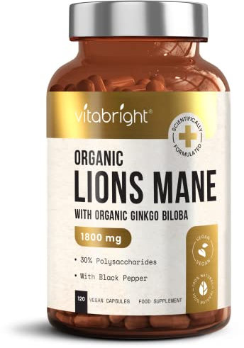 Lions Mane Mushroom Supplement | 3600mg per 2 Capsules | Organic Lion's Mane Powder & Ginkgo Biloba | Mushroom Complex | VitaBright