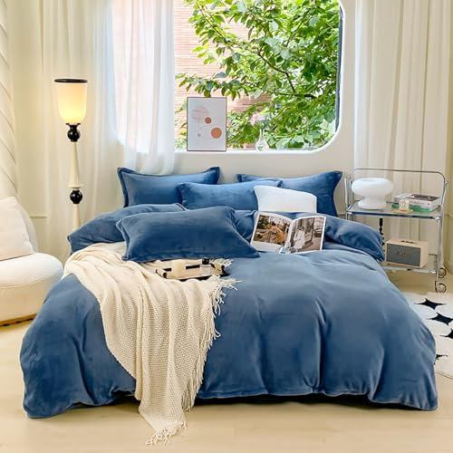 Cottonight Blaues Samt-Bettwäsche-Set, hellblau, Flanell-Bettwäsche-Set, einfarbig, seeblau, Winterdecke, Steppdecken, modern, schwer, warm, 3-teilig, Seeblau, Bettdecken-Set für Vollbett