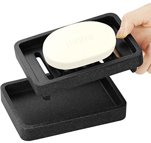 Luxspire Portasapone in Resina, Portasapone a Doppio Strato, Scatola di Sapone con Filtro, Port Saponetta Rettangolare per Sapone Universale, Anti-scivolo, Elegante e Alla Moda, Ghiaia Nera