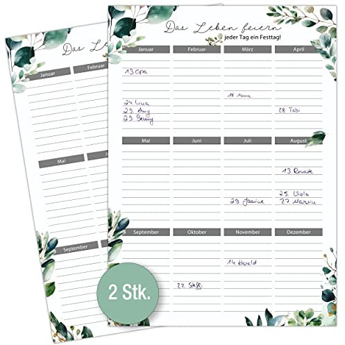 TOBJA Geburtstagskalender immerwährend - 2er Set in DIN A4 | Eukalyptus Design | Geburtstagskalender Jahresunabhängig (Eukalyptus)