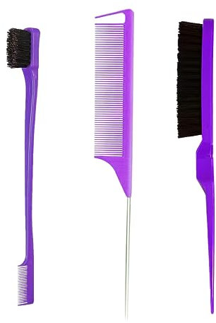 Aeuezxx 3 Pezzi Spazzola Capelli Kit, Doppio Bordo Pettine, Pettine a Coda Topo, Spazzole e Pettini per Bordi, Capelli in Setola Pettini, Pettine per Stuzzicare, per Casa, Parrucchieri(Viola)