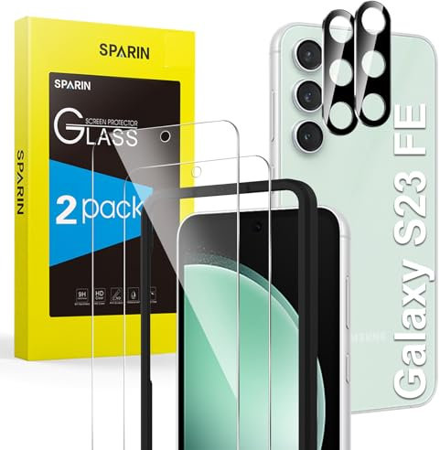 SPARIN Schutzfolie für Samsung Galaxy S23 FE Panzer Schutz Glas, mit Positionierhilfe, 2 Stück Schutzglas und 2 Stück Kameraschutz für Samsung S23 FE 5G, 6,4 Zoll, 9H Härte, HD-klar