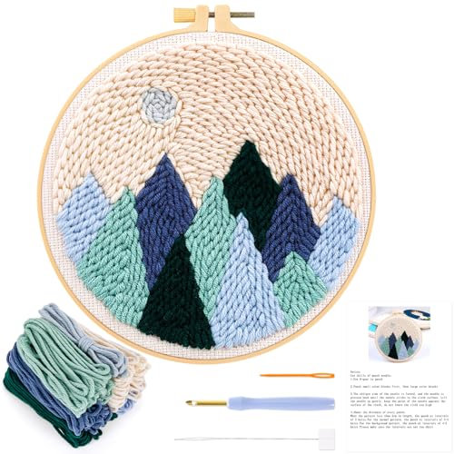 JSRQT Punch Needle Anfänger Handarbeit Set,Stanznadel Stickerei Starter Kit,Stanzer Embroidery Starter Kits mit Waldmuster, Garn, Stickrahmen, Einfädler-Werkzeug für Stanznadel