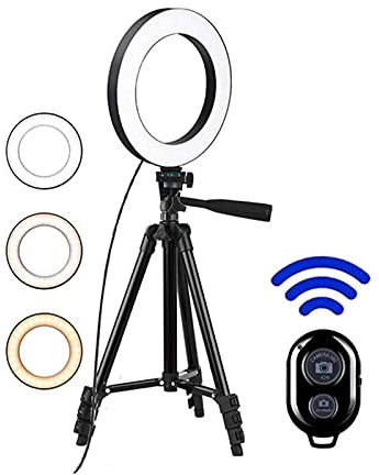 CAFFIA 10 Selfie Ring Light with 50 Extendable Tripod Stand & Phone Holder for Live Stream/Makeup, Mini Desktop Led Camera Ringlight for Video