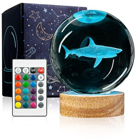 YYLZEPHB 3D Crystal Ball Night Light with Wooden Base, 3.15 Shark Glass Ball Lamp, 16 Colors, Remote Control, Cool Desk Decor, Shark Gifts