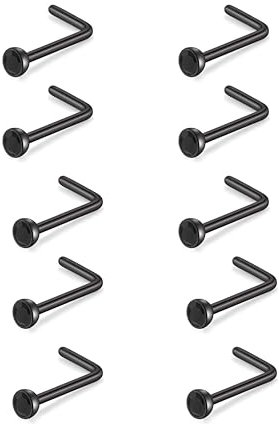 Decentraland 10 Stück Schwarz-Schwarz (L-förmiger Nasenring) Nasenstecker aus Chirurgenstahl/Titan für Damen-Nasenloch-Piercing-Schmuck, 20 g