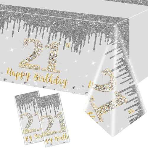 POPOYU 2Pcs 21st Birthday TableCloth Silver,137*274cm Silver Grey 21st Birthday Party Table Decoration Plastic Waterproof Rectangular Table Cover for Her,Him,Women,Men BirthdayGifts Party Supplies