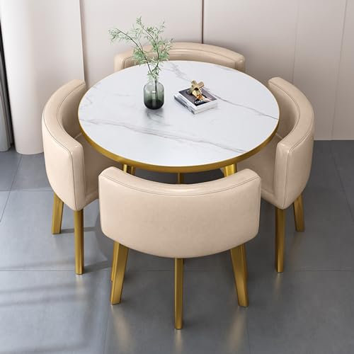 Rundes Esstisch-Set mit 4 PU-Lederstühlen, Empfang, Verhandlungstisch und Stühle für 4 Personen, 5-teiliger Küchentisch und Stühle, Esszimmertisch-Set mit goldenen Metallbeinen, für Wohnzimmer, Büro