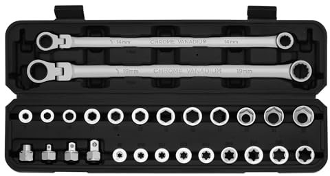 EMENTOL 27-teiliges extra langes Ratschenschlüssel-Set mit Flexkopf, CR-V, Doppelsteckschlüssel-Set mit 8 mm – 22 mm, E8 – E22, 1/4 Zoll, 3/8 Zoll, 1/2 Zoll Stecknuss-Adapter, Ersatzköpfe