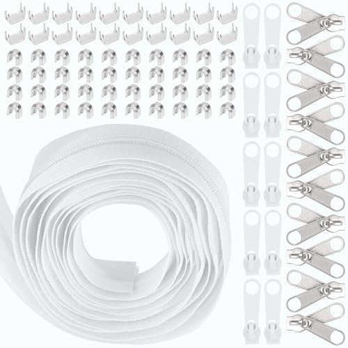 Swpeet Rotolo di cerniera in nylon bianco #5 da 10 cantieri con 20 cursori assortiti – Kit di ricambio senza fine con doppio cursore singolo