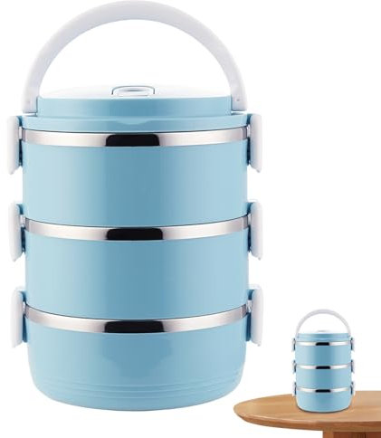Caja de lonchera de acero inoxidable apilable 3 niveles Lunde de metal aislados con manijas de 2100 ml de caja de bento sin fugas sin fugas para el trabajo de BPA para adultos, azul picnic, lonchera