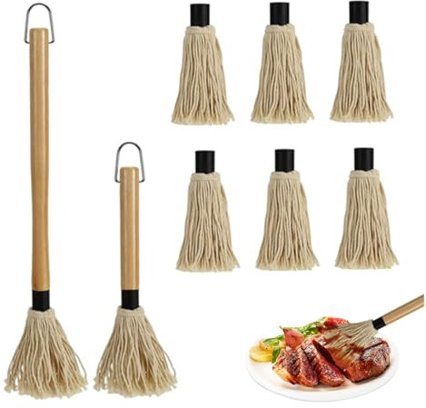 Wedhapy BBQ Mop 2 Stück 11 2 Zoll & 18 3 Zoll BBQ Mop Bürste mit 6 Ersatzköpfen Holz Langer Griff Grill Pinsel für Soße BBQ Grillen Räuchern Steak BBQ Mopp Pinsel Küchenpinsel zum Grillen BBQ M