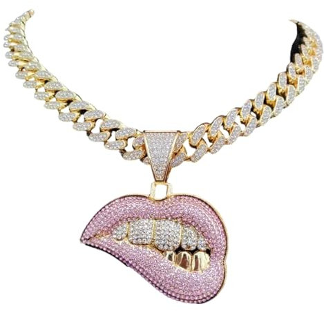 FUSHENGTER Halskette Damen Ketten Anhänger Frauen Männer Frauen Hip Hop Biss Lippe Form Anhänger Halskette Kristall Iced Out Bling Hiphop Halsketten Mode Gold