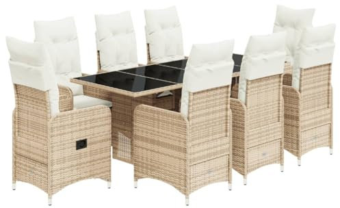 vidaXL Garten Bistroset 9-TLG., Balkonset mit Kissen, Gartenmöbel Tisch 8 Verstellbare Stühle, Balkonmöbel Sitzgruppe Gartengarnitur, Beige Poly Rattan