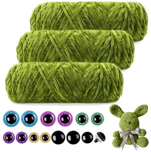 Mngevcy 3 x 150 m Chenille Wolle zum Häkeln, Flauschige Wolle, Weiche Chenille Garn mit Sicherheitsaugen für Stricken (Grasgrün)