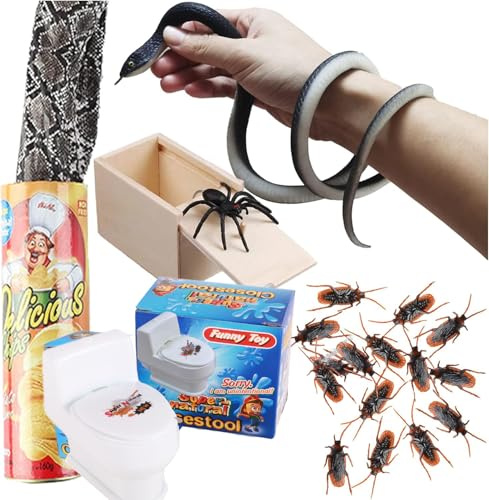 JIMITOP Prank Set: Realistische Gummischlangen, Fake Kakerlaken, Überraschungspider Box für April Fools Day, Halloween Party, Scherze und Fangbox - Kunststoff, Unisex, Teen, Adult