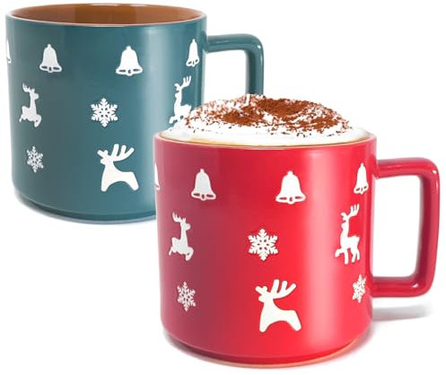 com-four® 2X Tasse à café de Noël XL en Porcelaine 450 ML - Vert et Rouge - Tasse Festive avec Motif de Noël - Tasse à café de Noël - Tasse de Noël Bicolore (Motifs de Noël - 450ml)